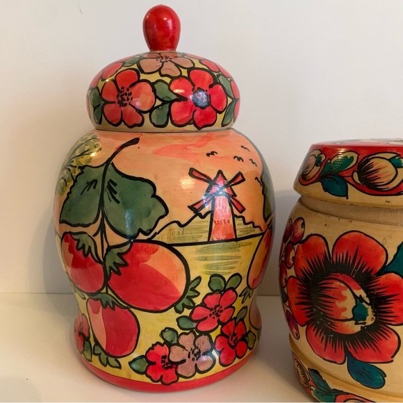 VTG Lot Russian USSR Wooden Folk Art Vase Canister Jar Lids Painted Marked READ - Picture 2 of 16